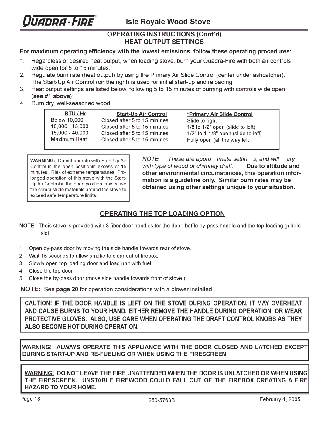 Quadra-Fire Isle Royale Operating Instructions Cont’d, Heat Output Settings, Operating the TOP Loading Option 