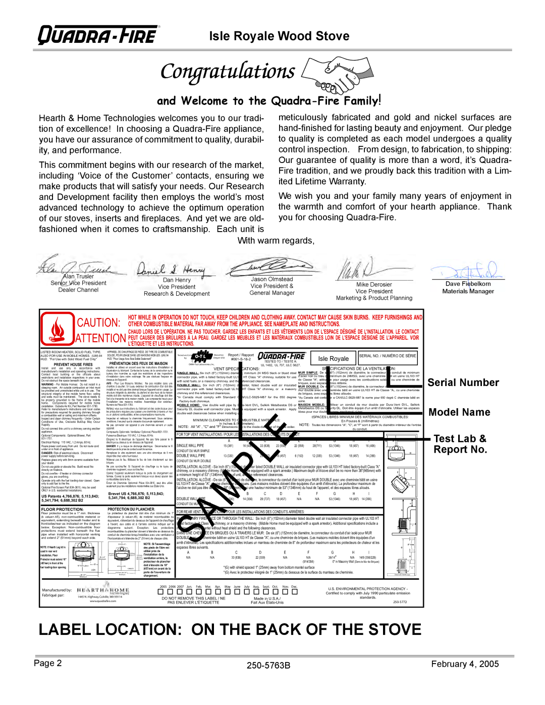 Quadra-Fire Isle Royale installation instructions Model Name, Test Lab, Report No 