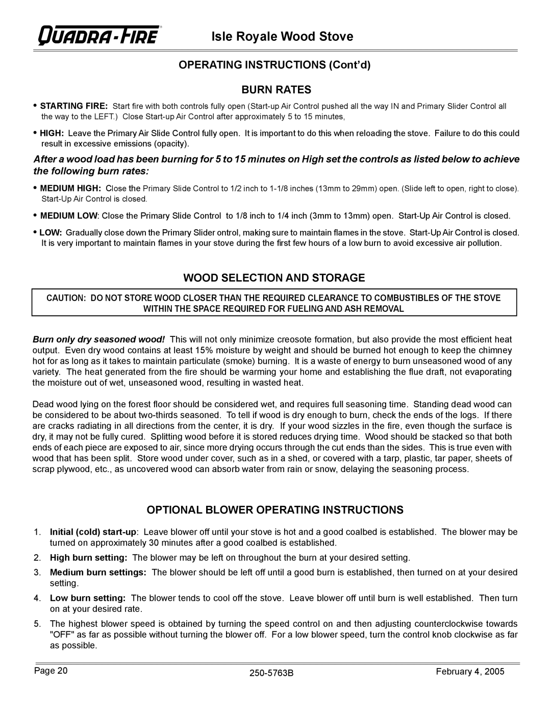 Quadra-Fire Isle Royale Burn Rates, Wood Selection and Storage, Optional Blower Operating Instructions 