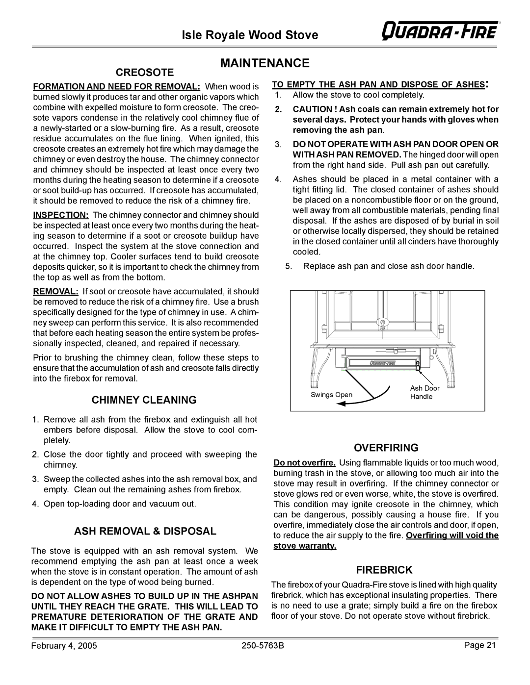 Quadra-Fire Isle Royale installation instructions Maintenance 