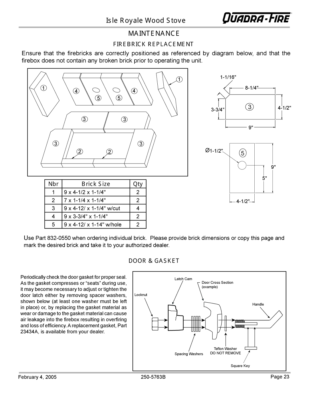 Quadra-Fire Isle Royale installation instructions Firebrick Replacement, Nbr Brick Size Qty, Door & Gasket 