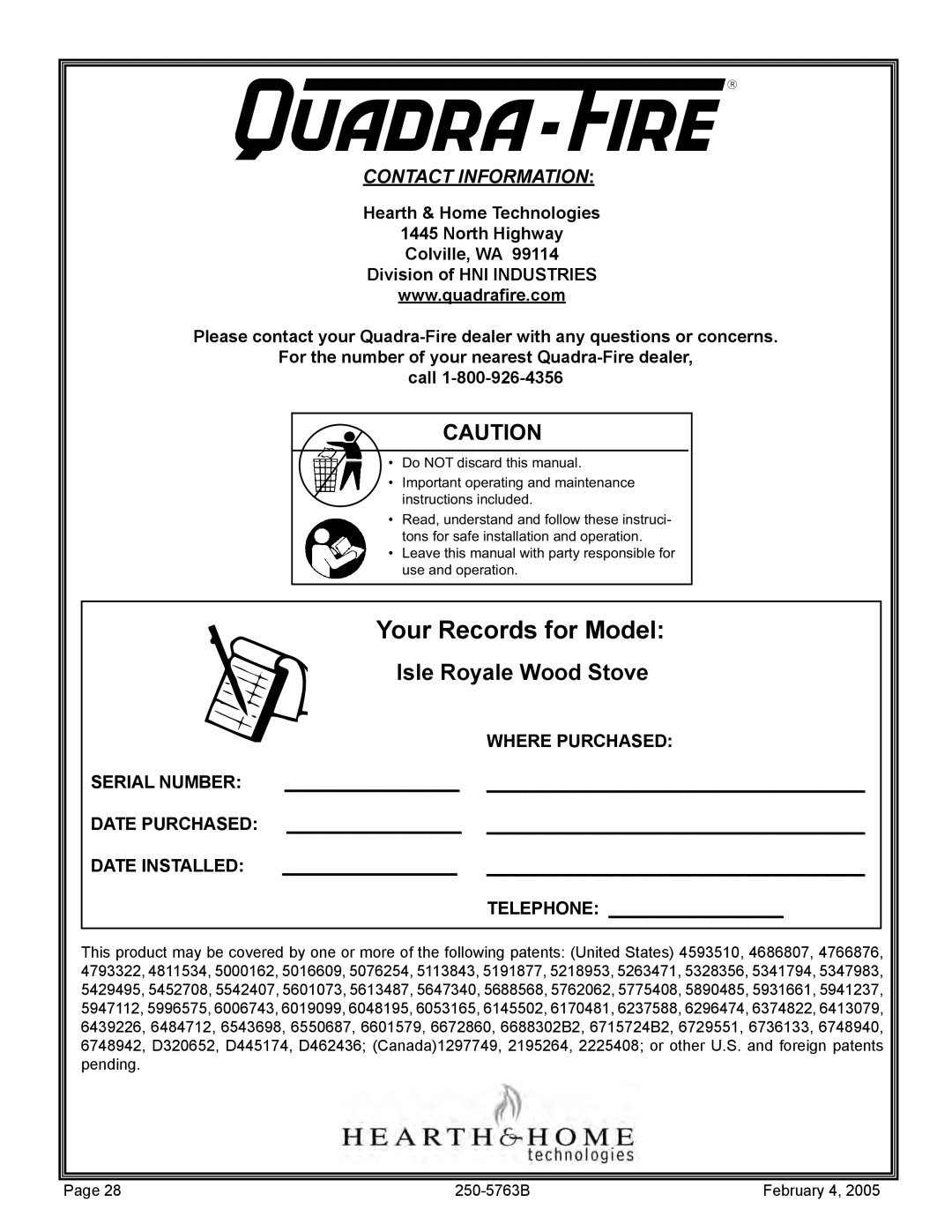 Quadra-Fire Isle Royale installation instructions Your Records for Model 