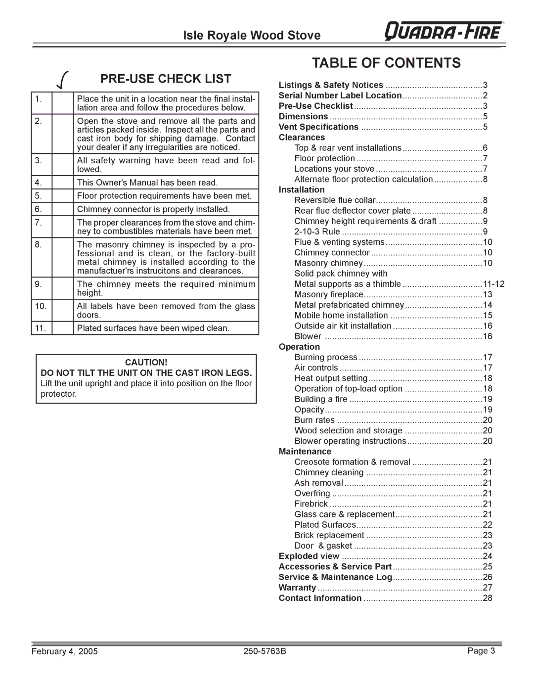 Quadra-Fire Isle Royale installation instructions Table of Contents 