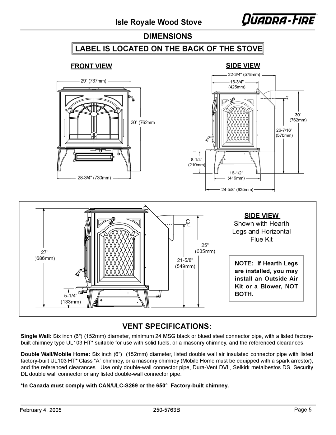 Quadra-Fire Isle Royale Dimensions Label is Located on the Back of the Stove, Vent Specifications, Front View Side View 