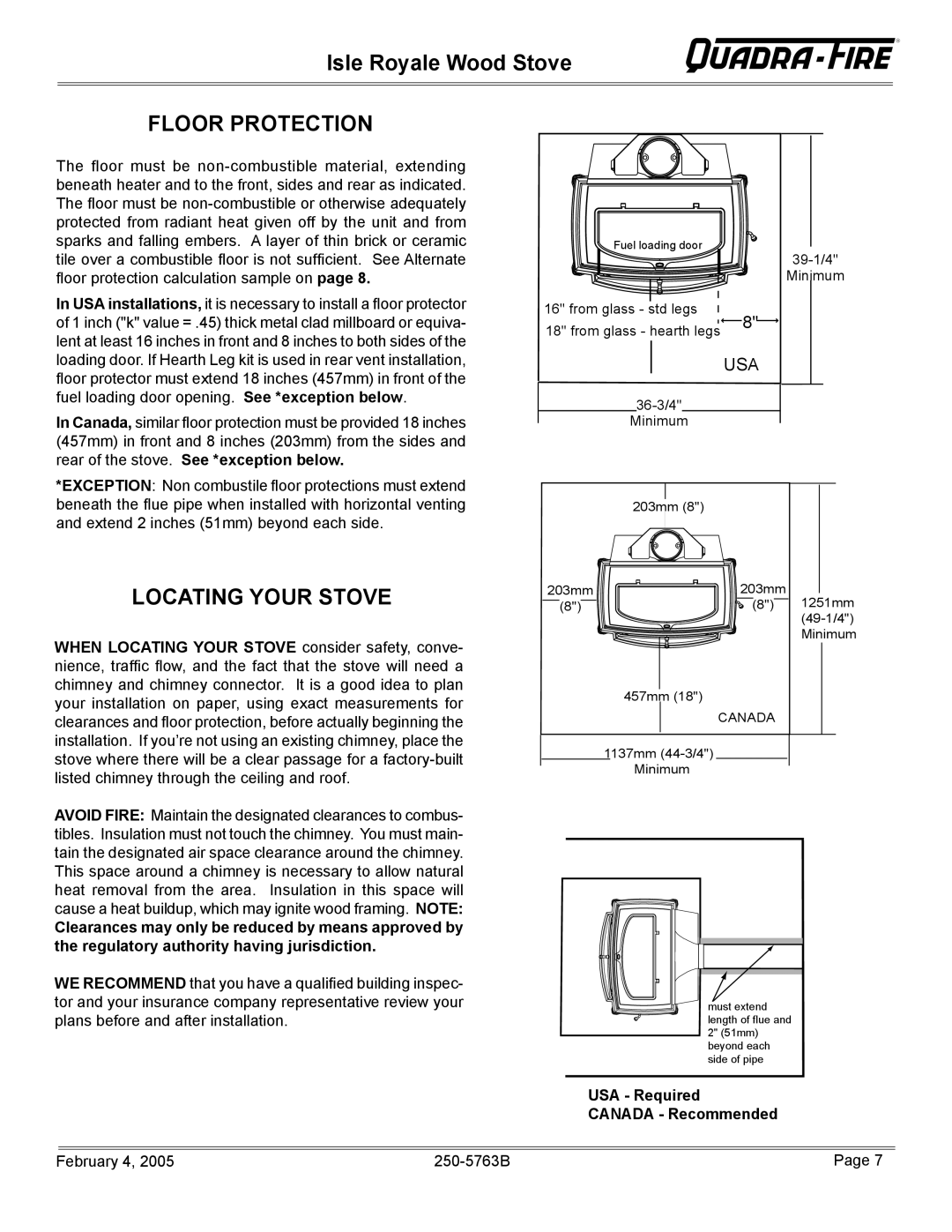 Quadra-Fire Isle Royale installation instructions Floor Protection, Locating Your Stove, USA Required Canada Recommended 