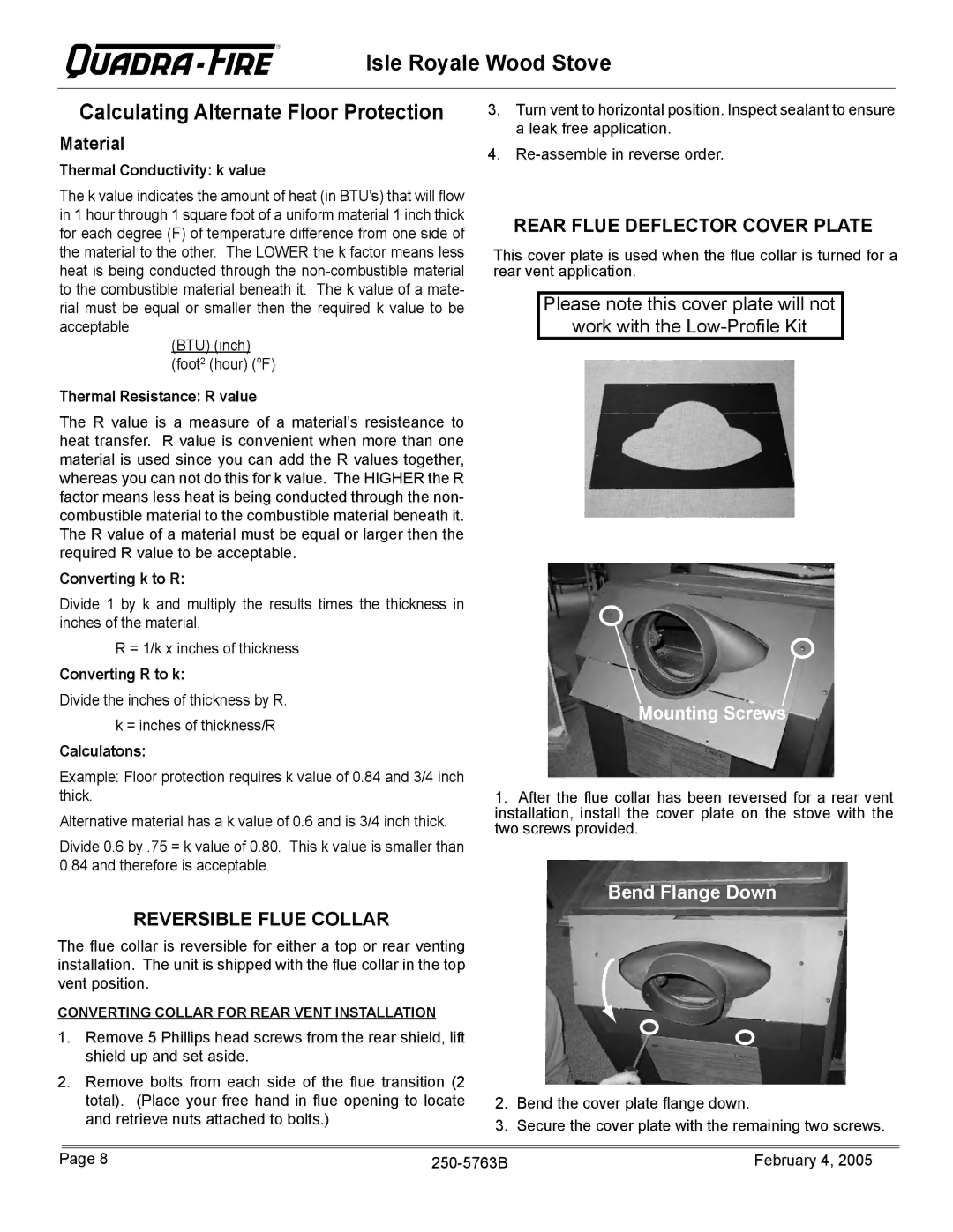 Quadra-Fire Isle Royale installation instructions Material, Reversible Flue Collar, Rear Flue Deflector Cover Plate 