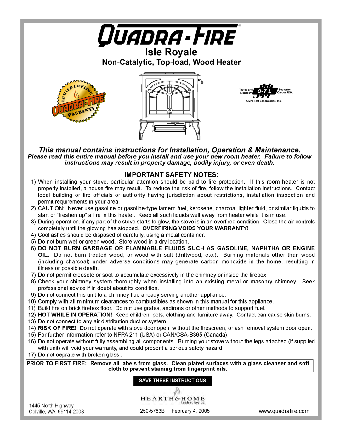 Quadra-Fire Isle Royale installation instructions Non-Catalytic, Top-load,Wood Heater, Important Safety Notes 