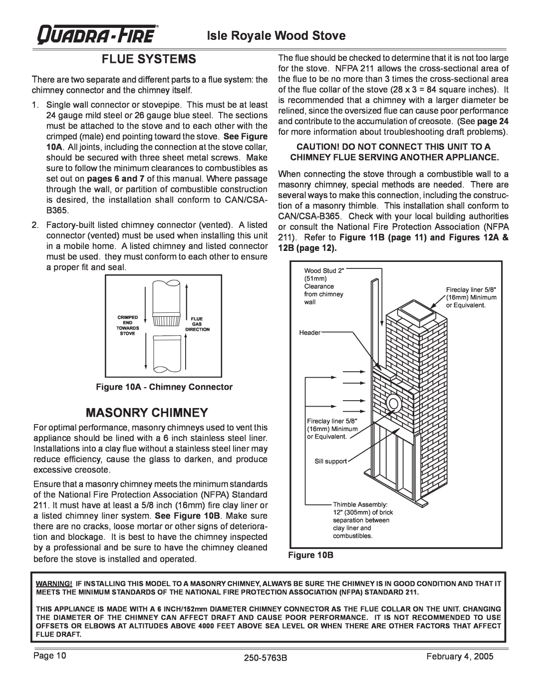 Quadra-Fire installation instructions Flue Systems, Masonry Chimney, Isle Royale Wood Stove, A - Chimney Connector, B 