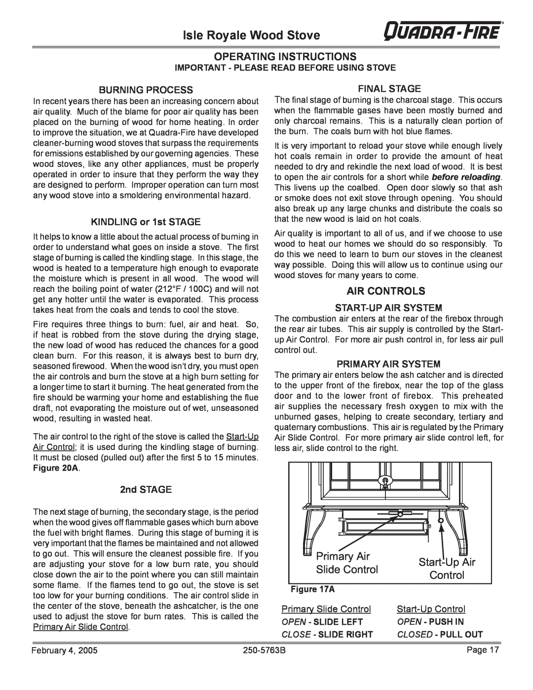 Quadra-Fire Operating Instructions, Air Controls, Isle Royale Wood Stove, Primary Air, Start-UpAir, Slide Control 