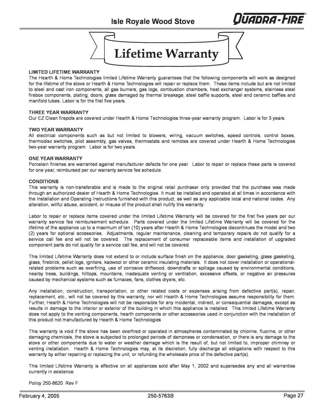 Quadra-Fire Isle Royale Wood Stove, Limited Lifetime Warranty, Three Year Warranty, Two Year Warranty, Conditions 