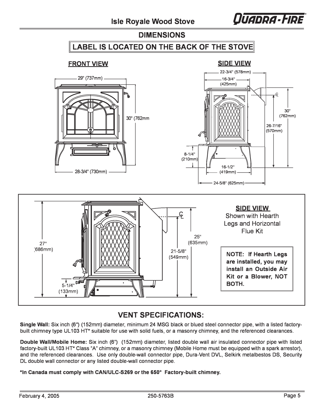 Quadra-Fire Isle Royale Wood Stove DIMENSIONS, Label Is Located On The Back Of The Stove, Vent Specifications 