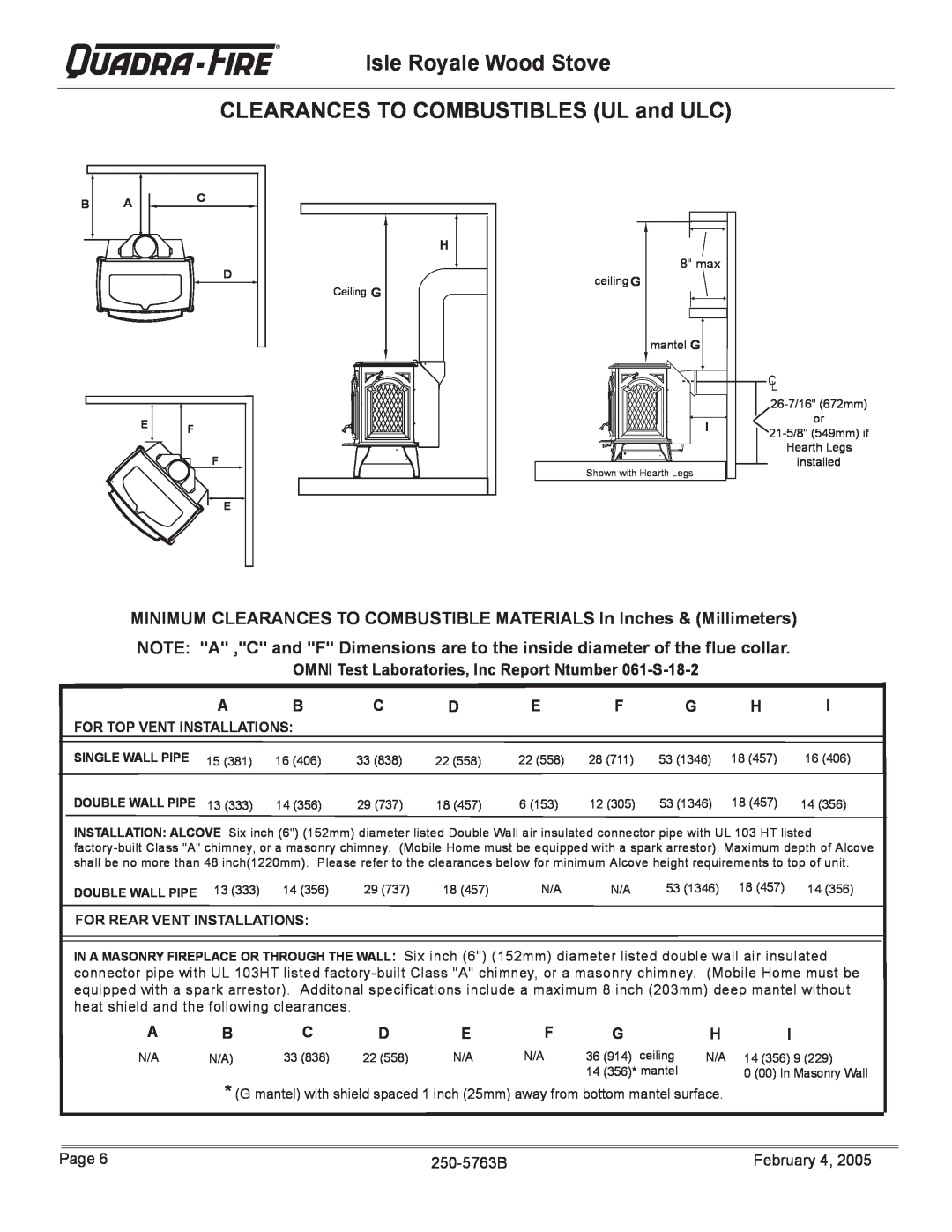 Quadra-Fire installation instructions CLEARANCES TO COMBUSTIBLES UL and ULC, Isle Royale Wood Stove 