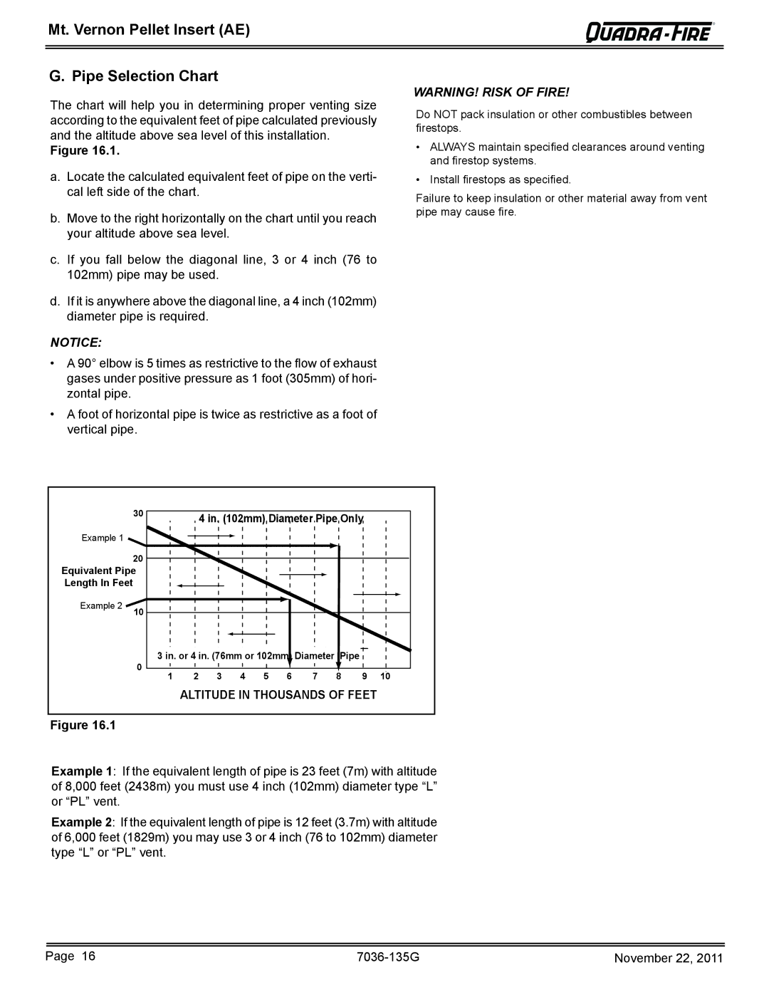 Quadra-Fire MTVERNINSAE-CSB owner manual Mt. Vernon Pellet Insert AE Pipe Selection Chart, Altitude in Thousands of Feet 