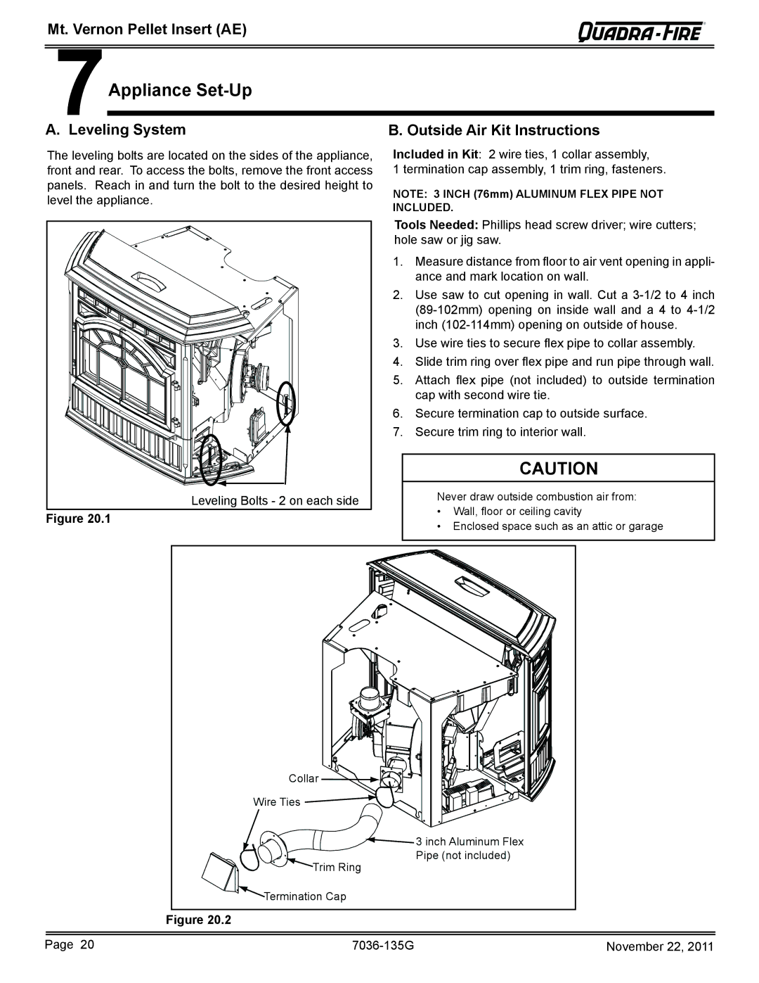 Quadra-Fire MTVERNINSAE-CSB, MTVERNINSAE-PMH owner manual 7Appliance Set-Up, Leveling System, Outside Air Kit Instructions 