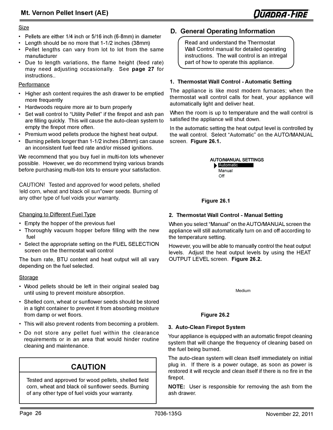 Quadra-Fire MTVERNINSAE-MBK, MTVERNINSAE-CSB General Operating Information, Thermostat Wall Control Automatic Setting 