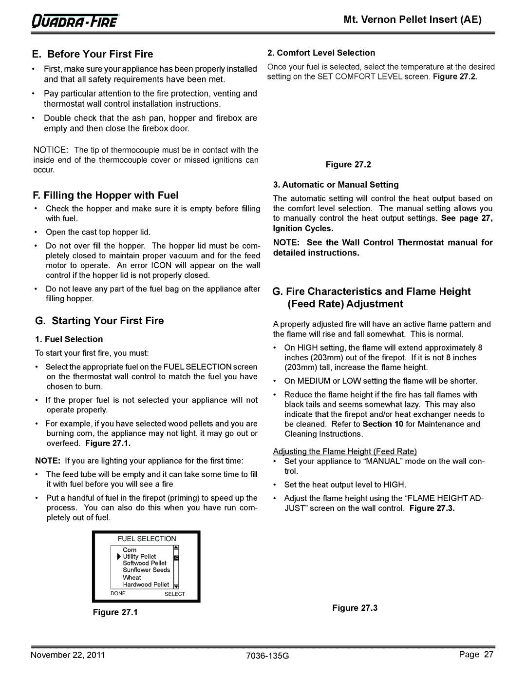 Quadra-Fire MTVERNINSAE-CWL owner manual Mt. Vernon Pellet Insert AE Before Your First Fire, Filling the Hopper with Fuel 