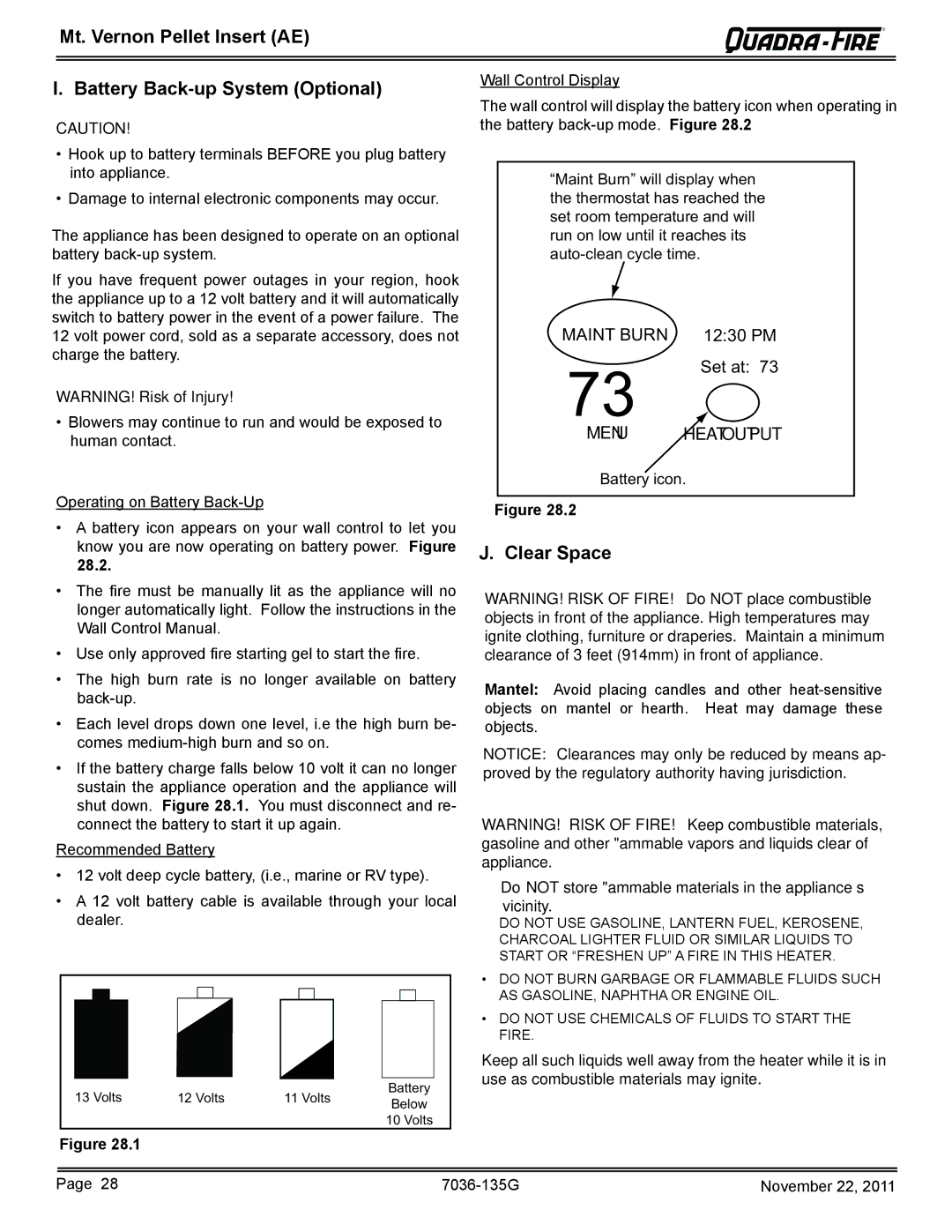 Quadra-Fire MTVERNINSAE-CSB, MTVERNINSAE-PMH Mt. Vernon Pellet Insert AE Battery Back-up System Optional, Clear Space 