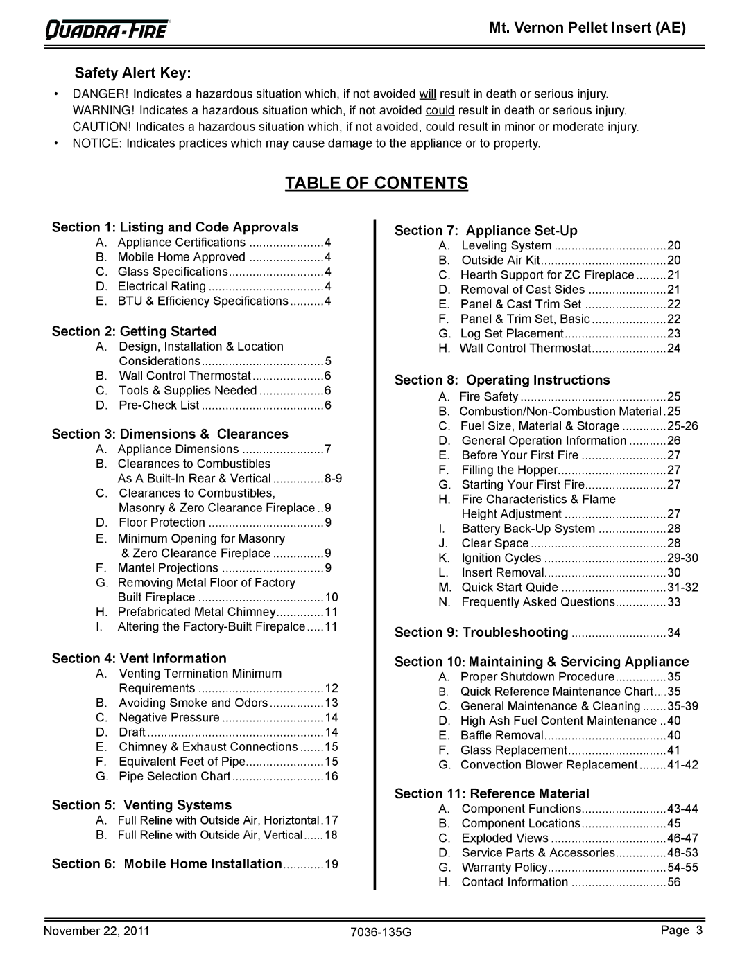 Quadra-Fire MTVERNINSAE-CWL, MTVERNINSAE-CSB, MTVERNINSAE-PMH, MTVERNINSAE-MBK owner manual Table of Contents 