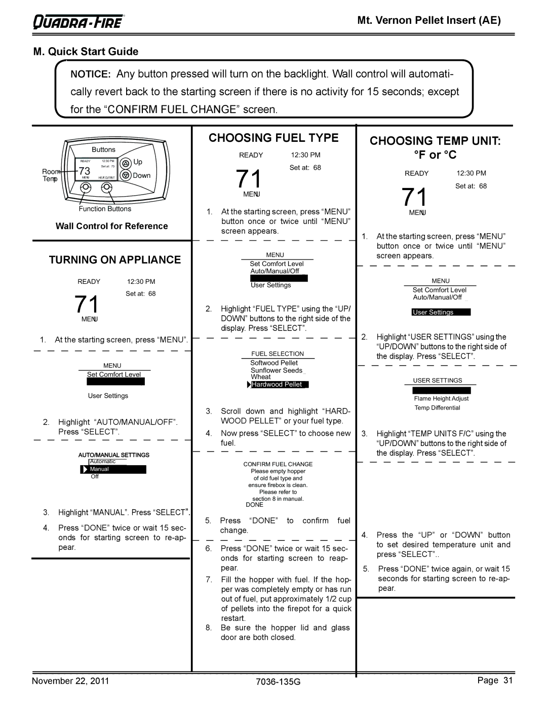 Quadra-Fire MTVERNINSAE-CWL owner manual Or C, Mt. Vernon Pellet Insert AE Quick Start Guide, Wall Control for Reference 