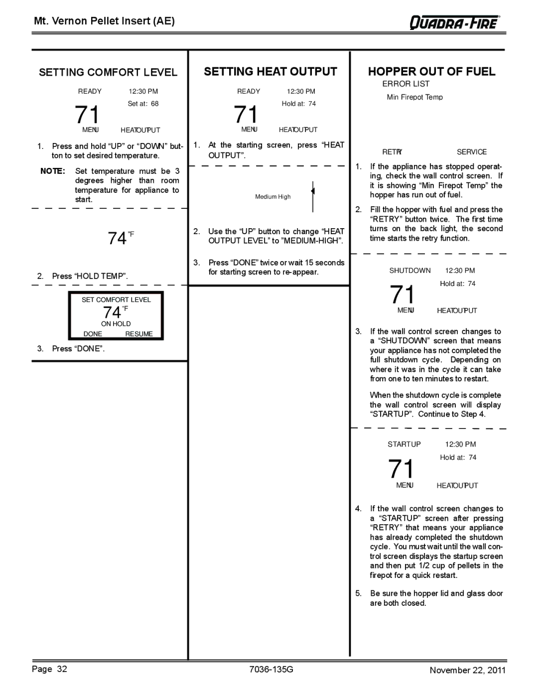 Quadra-Fire MTVERNINSAE-CSB, MTVERNINSAE-PMH, MTVERNINSAE-MBK, MTVERNINSAE-CWL owner manual 74ºF 