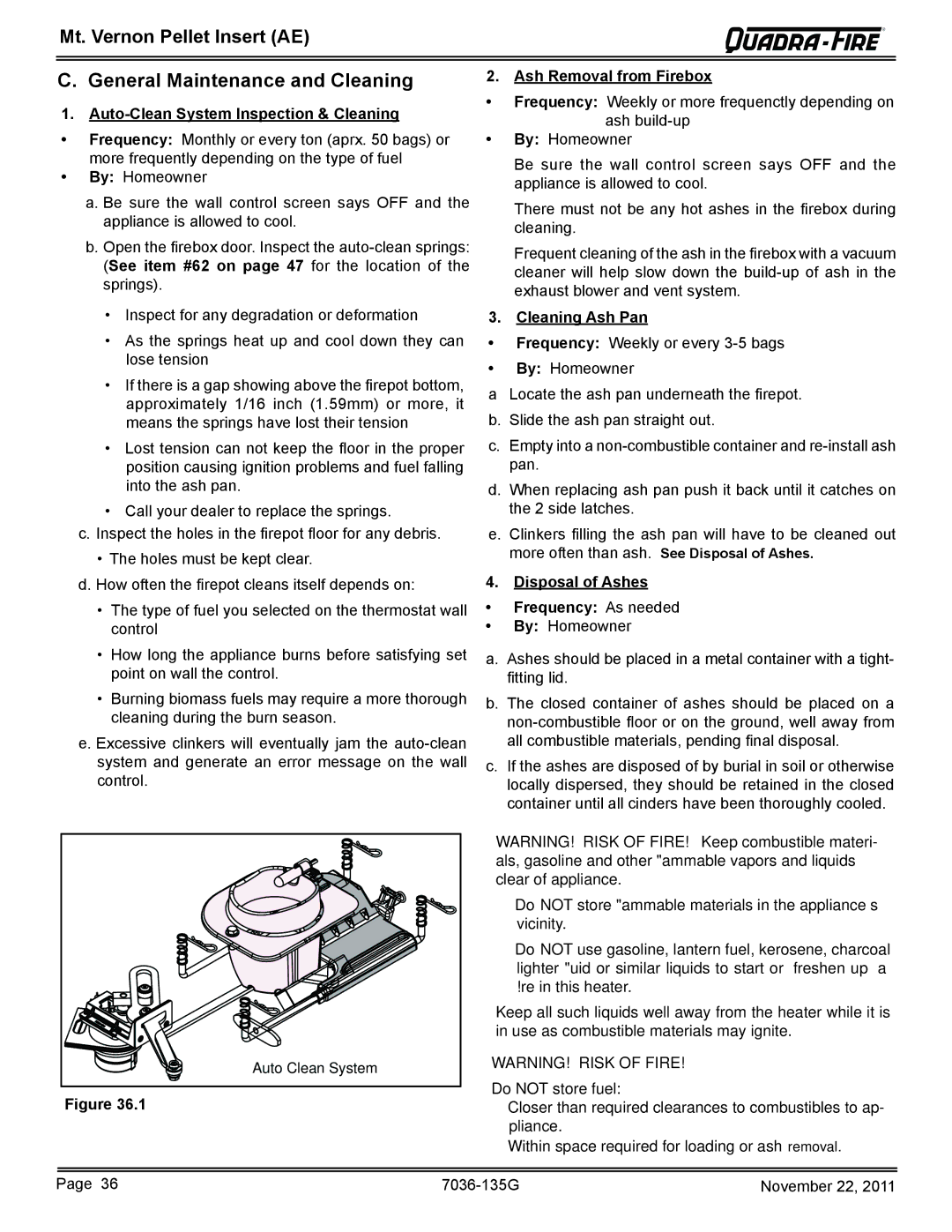 Quadra-Fire MTVERNINSAE-CSB General Maintenance and Cleaning, Auto-Clean System Inspection & Cleaning, Cleaning Ash Pan 