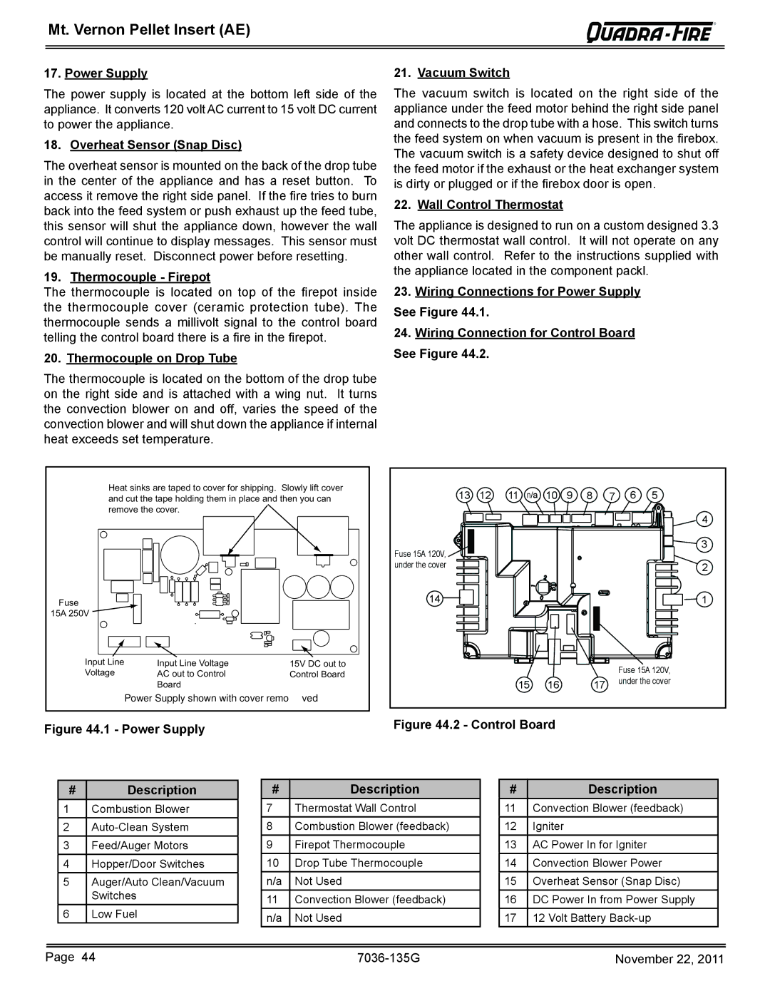 Quadra-Fire MTVERNINSAE-CSB Power Supply, Overheat Sensor Snap Disc, Thermocouple Firepot, Wall Control Thermostat 