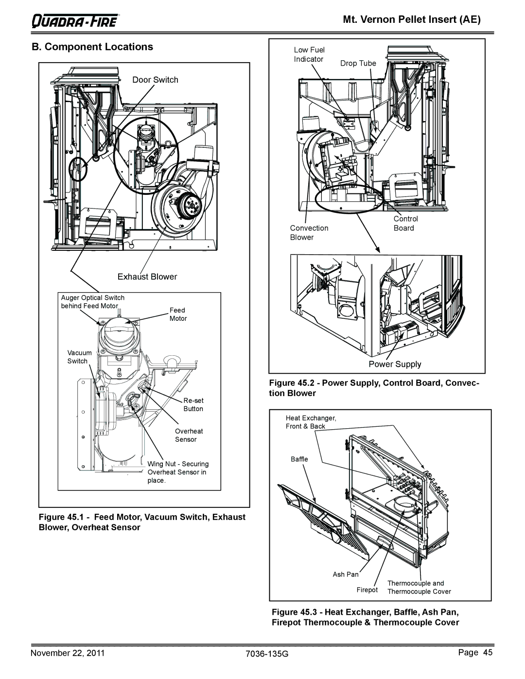 Quadra-Fire MTVERNINSAE-PMH, MTVERNINSAE-CSB, MTVERNINSAE-MBK owner manual Mt. Vernon Pellet Insert AE Component Locations 