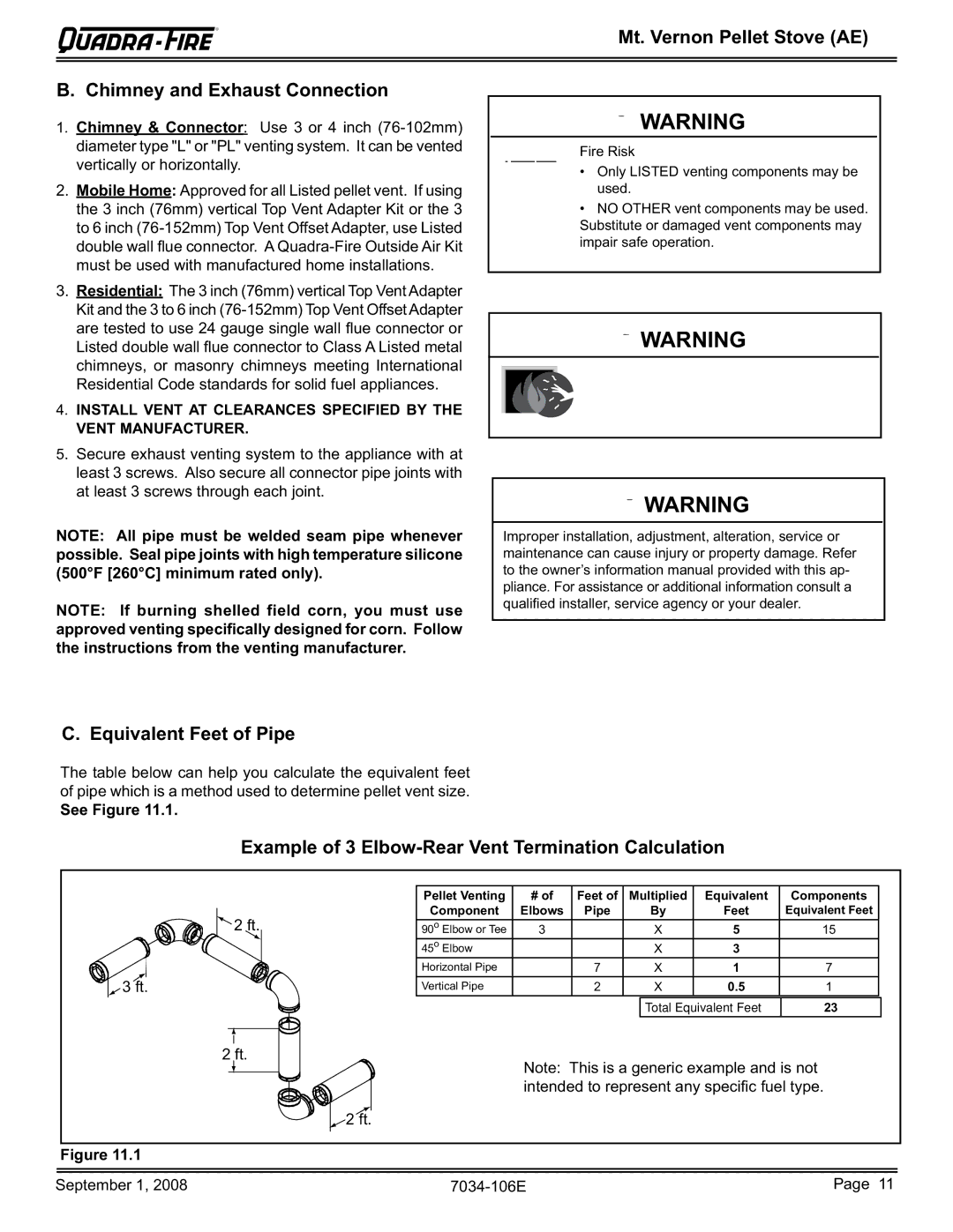 Quadra-Fire MTVERNON-AE-CSB Mt. Vernon Pellet Stove AE Chimney and Exhaust Connection, Equivalent Feet of Pipe, See Figure 