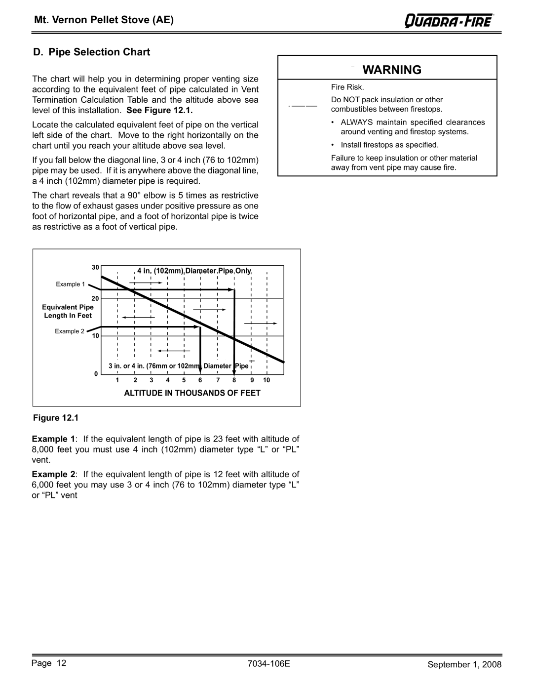 Quadra-Fire MTVERNON-AE-PMH owner manual Mt. Vernon Pellet Stove AE Pipe Selection Chart, Altitude in Thousands of Feet 