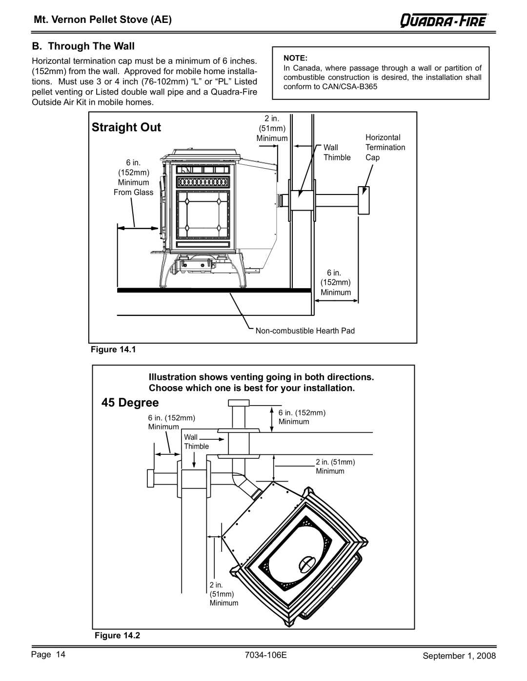 Quadra-Fire MTVERNON-AE-CWL, MTVERNON-AE-PMH owner manual Straight Out, Degree, Mt. Vernon Pellet Stove AE Through The Wall 