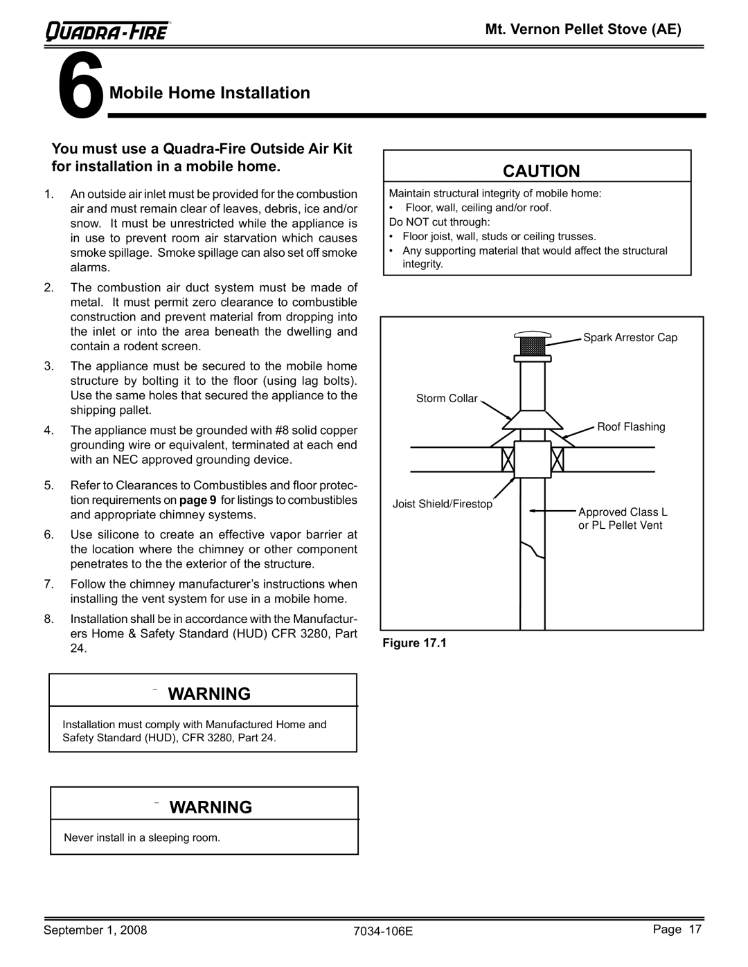 Quadra-Fire MTVERNON-AE-MBK, MTVERNON-AE-PMH, MTVERNON-AE-CWL 6Mobile Home Installation, Mt. Vernon Pellet Stove AE 