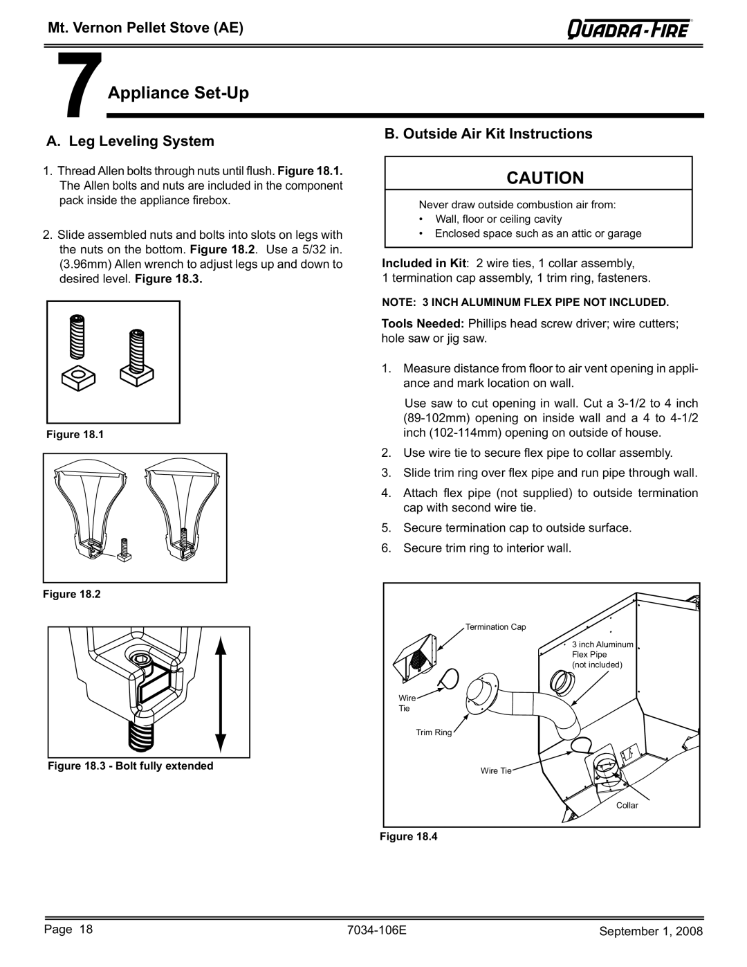 Quadra-Fire MTVERNON-AE-CWL, MTVERNON-AE-PMH 7Appliance Set-Up, Leg Leveling System, Outside Air Kit Instructions 