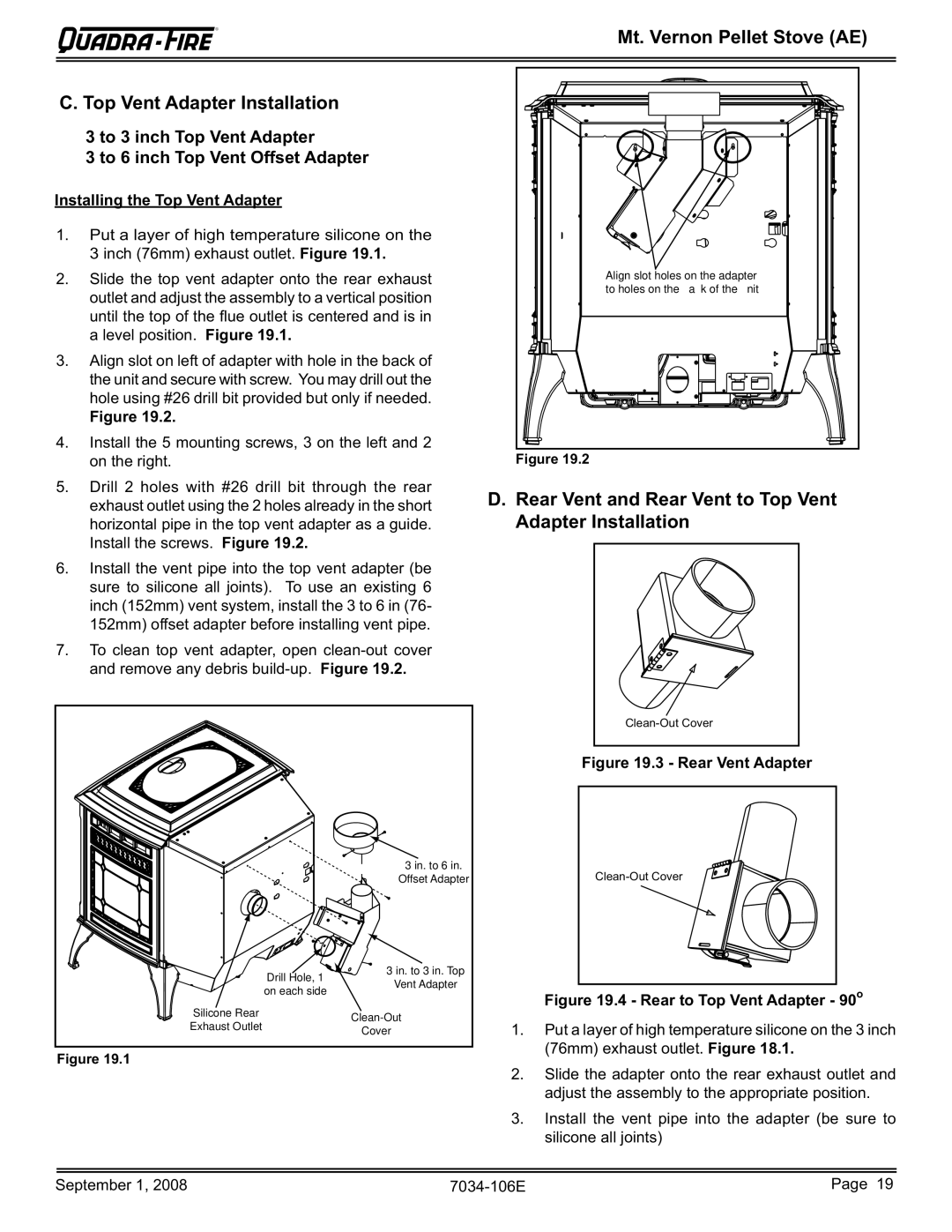 Quadra-Fire MTVERNON-AE-CSB Mt. Vernon Pellet Stove AE Top Vent Adapter Installation, Rear Vent and Rear Vent to Top Vent 