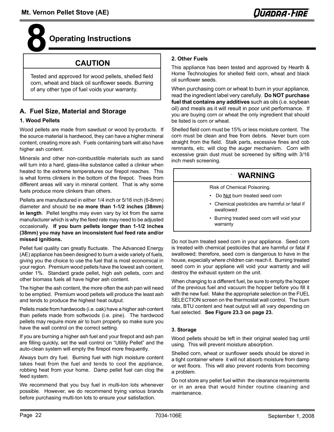 Quadra-Fire MTVERNON-AE-CWL, MTVERNON-AE-PMH, MTVERNON-AE-MBK Operating Instructions, Fuel Size, Material and Storage 