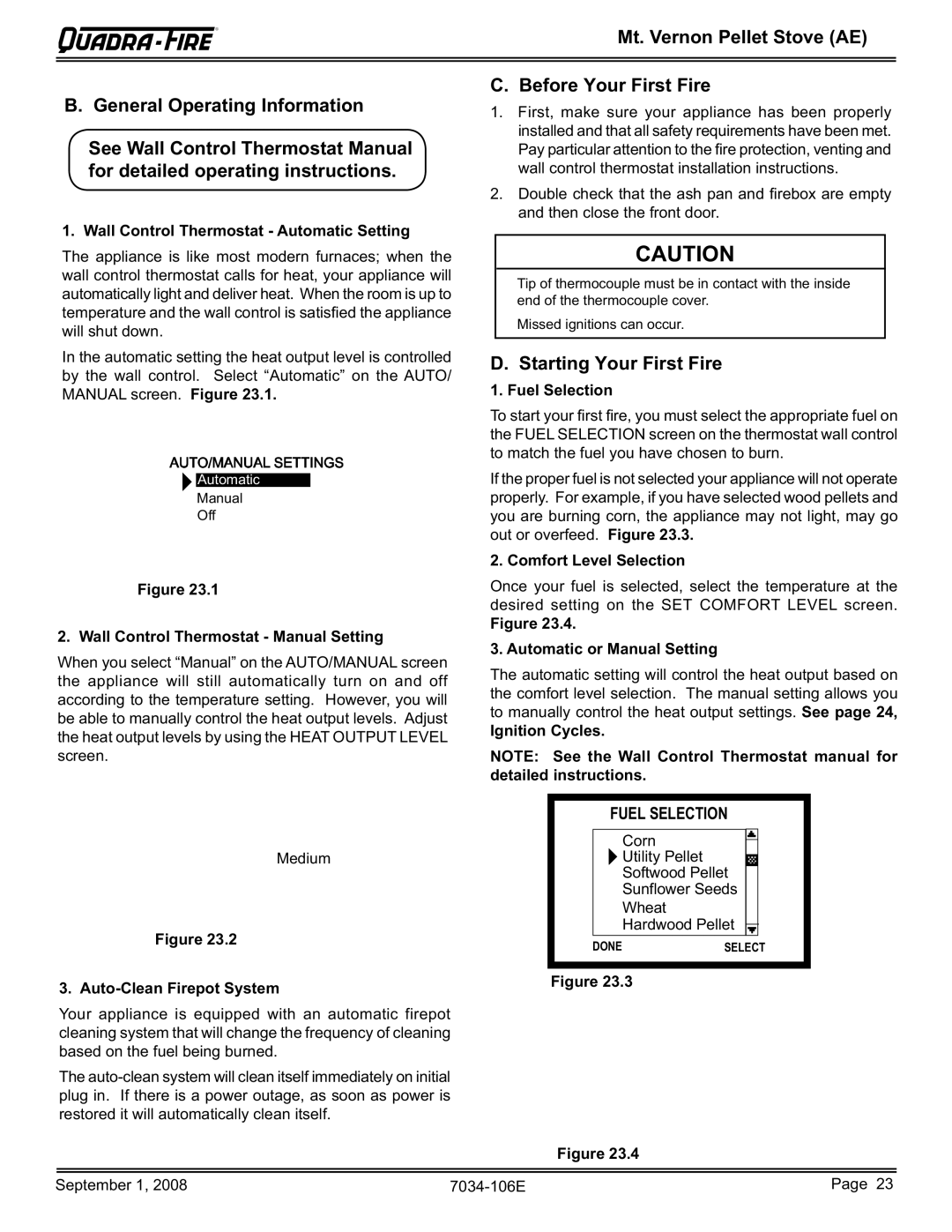 Quadra-Fire MTVERNON-AE-CSB, MTVERNON-AE-PMH See Wall Control Thermostat Manual, For detailed operating instructions 