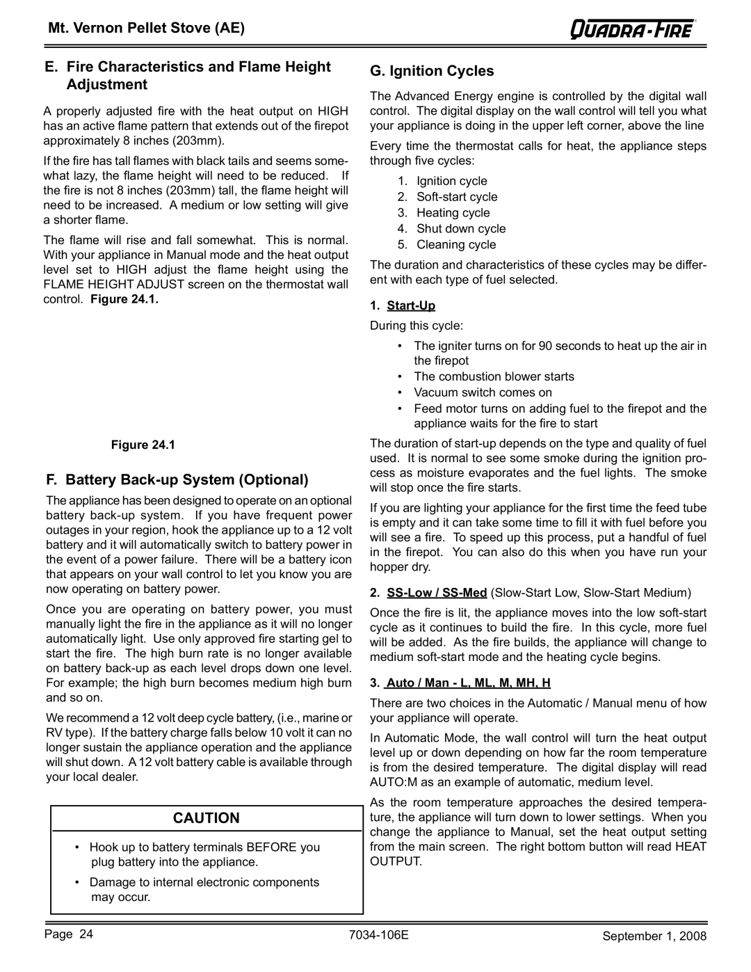 Quadra-Fire MTVERNON-AE-PMH Battery Back-up System Optional, Ignition Cycles, Start-Up, Auto / Man L, ML, M, MH, H 