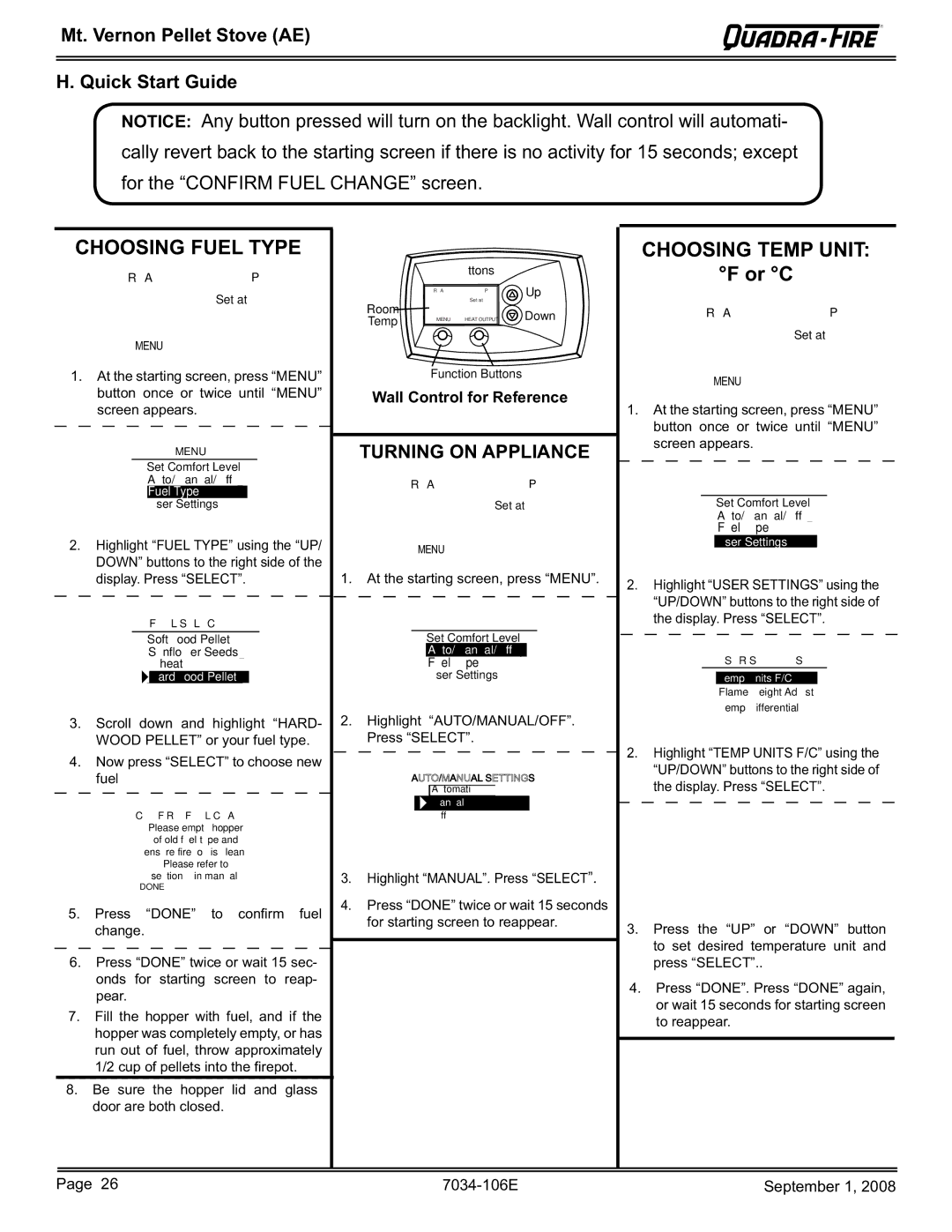 Quadra-Fire MTVERNON-AE-CWL, MTVERNON-AE-PMH Mt. Vernon Pellet Stove AE Quick Start Guide, Wall Control for Reference 