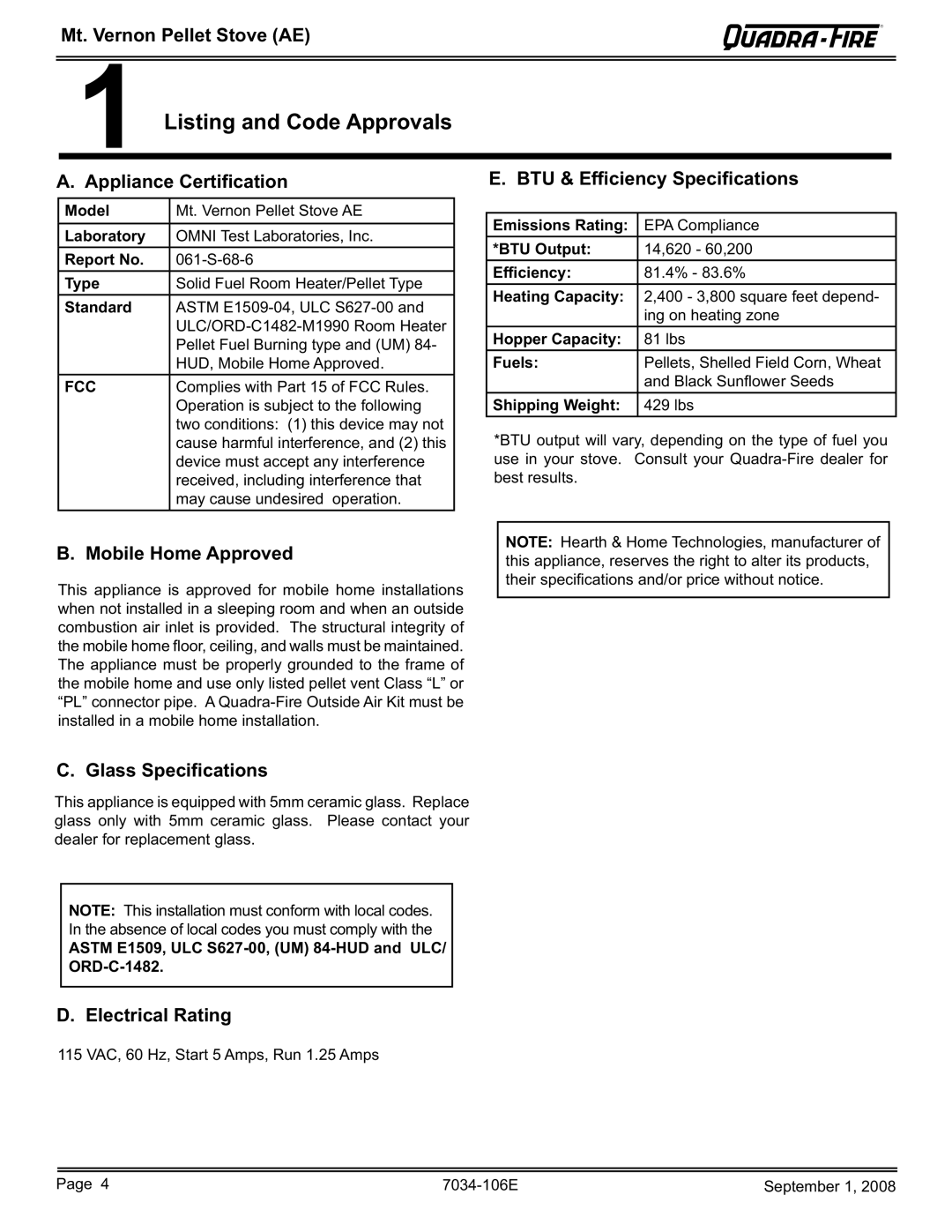 Quadra-Fire MTVERNON-AE-PMH, MTVERNON-AE-MBK, MTVERNON-AE-CWL, MTVERNON-AE-CSB owner manual Listing and Code Approvals 