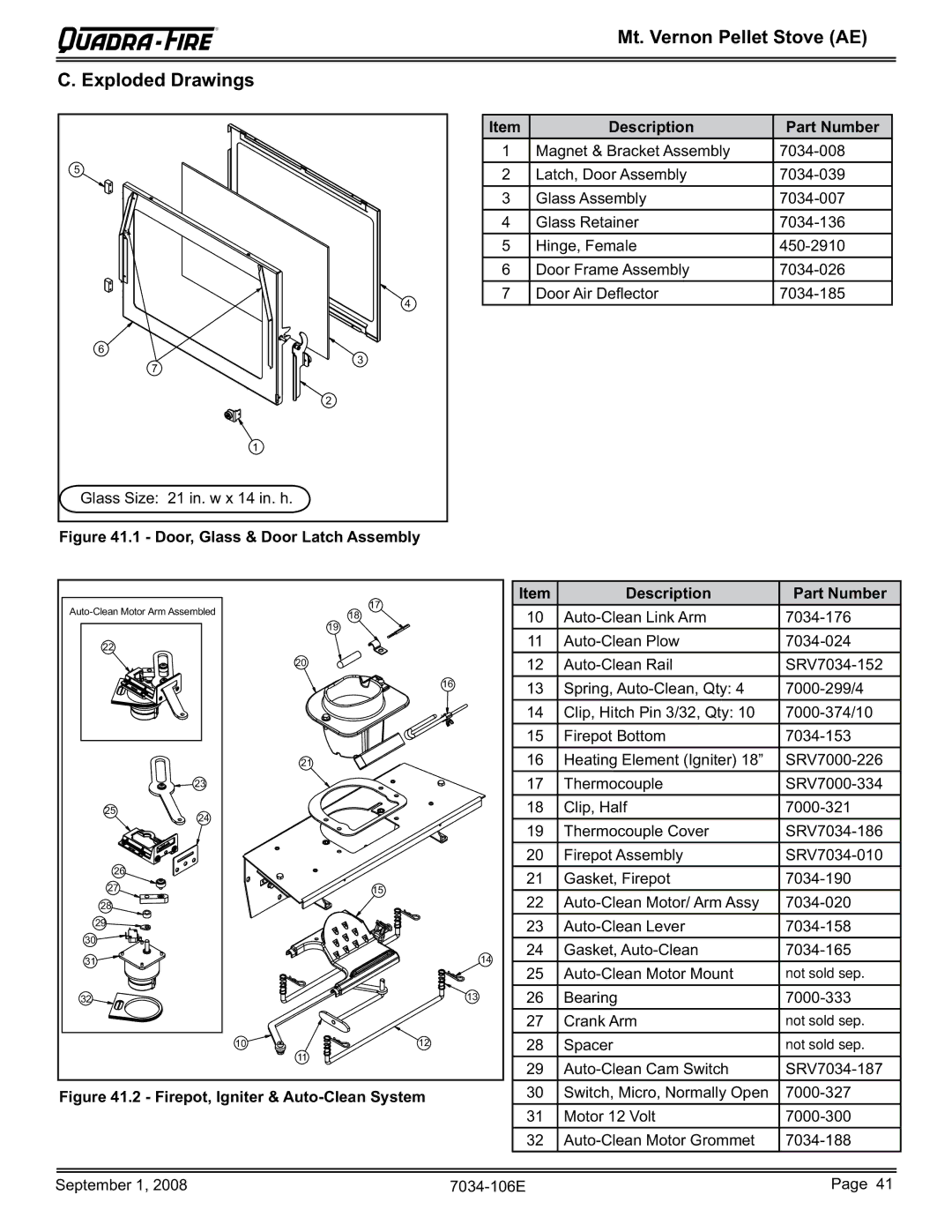 Quadra-Fire MTVERNON-AE-MBK, MTVERNON-AE-PMH Mt. Vernon Pellet Stove AE Exploded Drawings, Description Part Number 