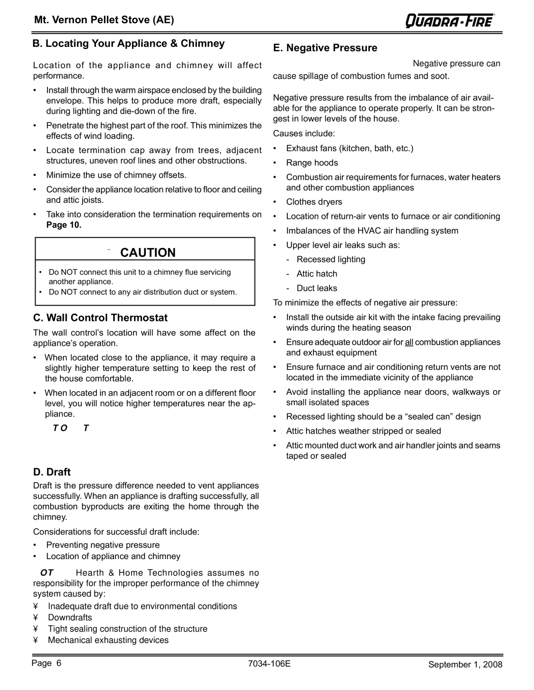 Quadra-Fire MTVERNON-AE-CWL, MTVERNON-AE-PMH, MTVERNON-AE-MBK owner manual Wall Control Thermostat, Negative Pressure, Draft 