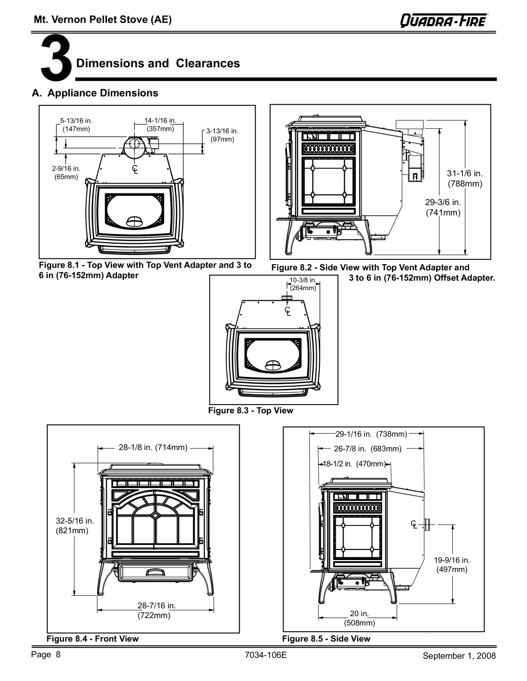 Quadra-Fire MTVERNON-AE-PMH, MTVERNON-AE-MBK, MTVERNON-AE-CWL owner manual 3Dimensions and Clearances, Appliance Dimensions 