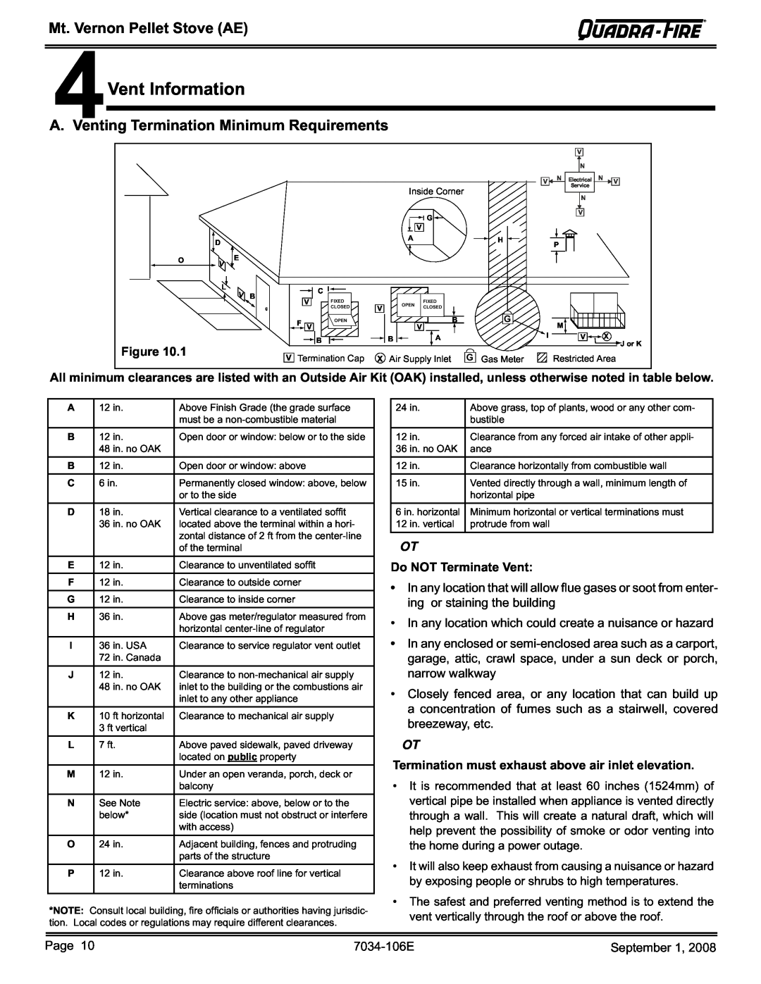 Quadra-Fire MTVERNON-AE-CWL 4Vent Information, A. Venting Termination Minimum Requirements, Mt. Vernon Pellet Stove AE 