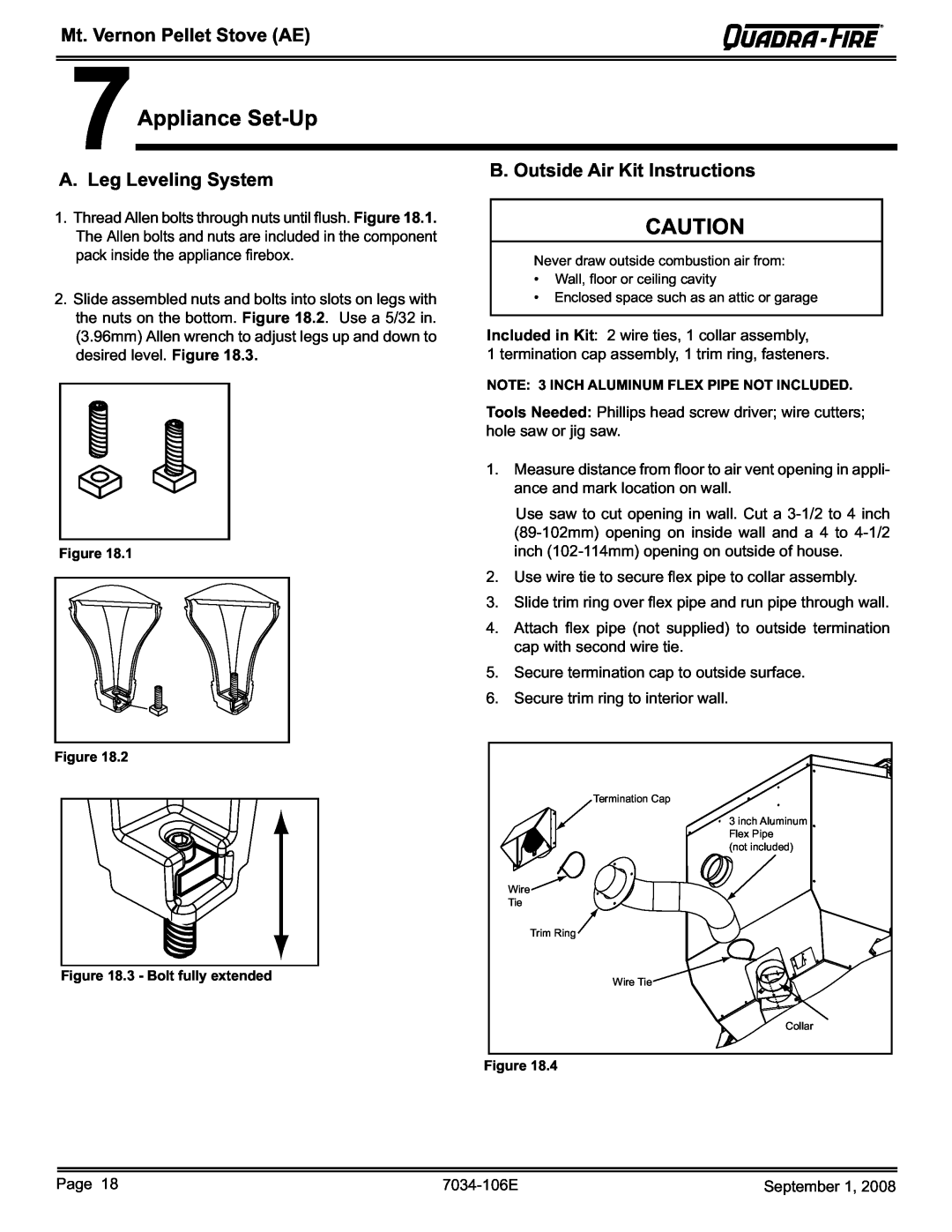 Quadra-Fire MTVERNON-AE-CWL, MTVERNON-AE-PMH 7Appliance Set-Up, A.Leg Leveling System, B. Outside Air Kit Instructions 