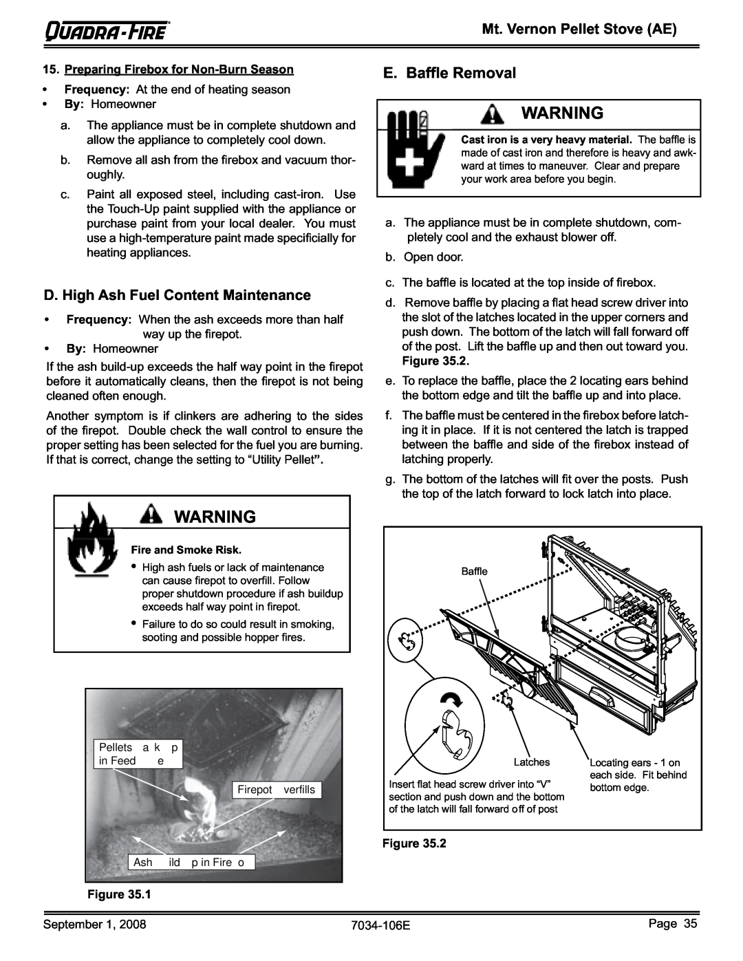 Quadra-Fire MTVERNON-AE-CSB owner manual E. Bafﬂe Removal, D. High Ash Fuel Content Maintenance, Mt. Vernon Pellet Stove AE 