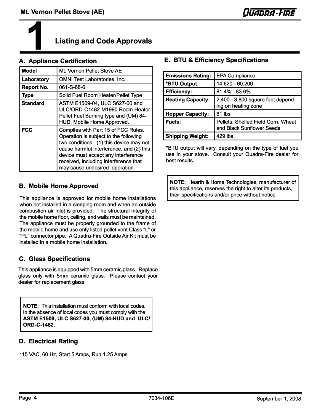 Quadra-Fire MTVERNON-AE-PMH Listing and Code Approvals, A. Appliance Certiﬁcation, E. BTU & Efﬁciency Speciﬁcations 