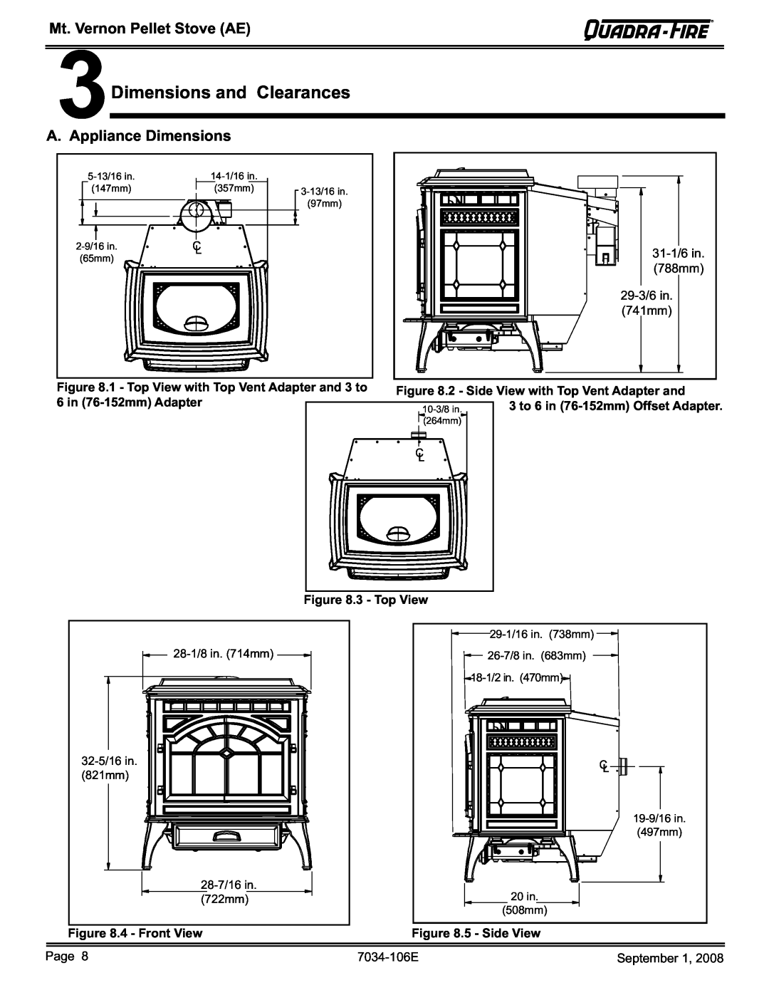 Quadra-Fire MTVERNON-AE-PMH owner manual 3Dimensions and Clearances, A. Appliance Dimensions, Mt. Vernon Pellet Stove AE 