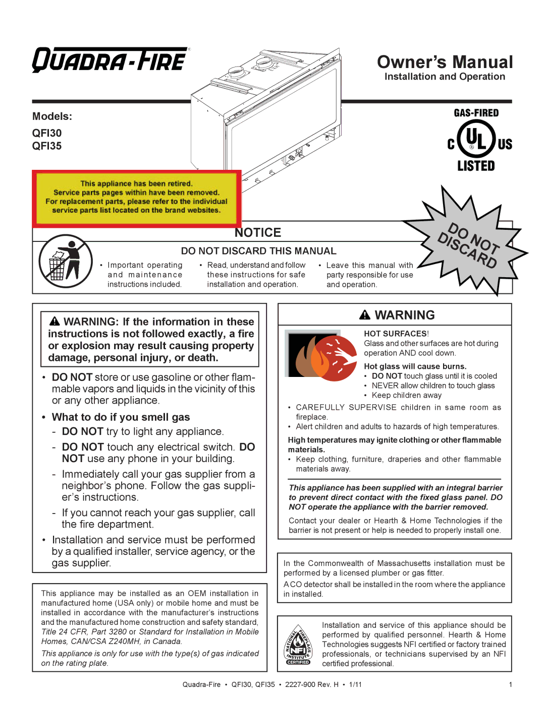 Quadra-Fire QF130 owner manual Models, What to do if you smell gas, HOT Surfaces 