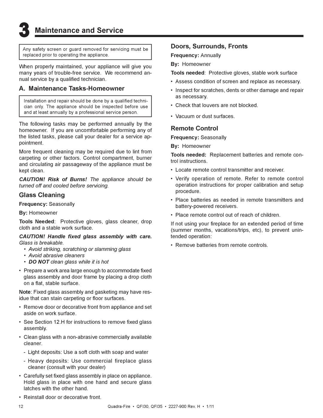 Quadra-Fire QF130 Maintenance and Service, Maintenance Tasks-Homeowner, Glass Cleaning, Doors, Surrounds, Fronts 