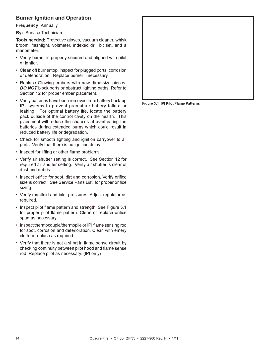 Quadra-Fire QF130 owner manual Burner Ignition and Operation, IPI Pilot Flame Patterns 