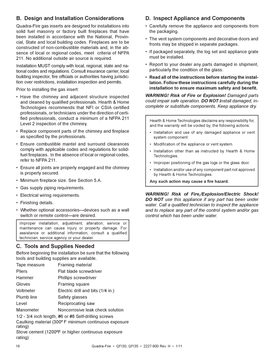 Quadra-Fire QF130 Design and Installation Considerations, Tools and Supplies Needed, Inspect Appliance and Components 